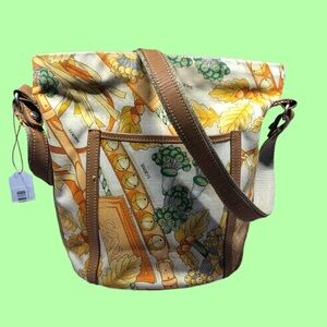 Canvas crossbody shoulder bag leather trim and straps with metallic gold